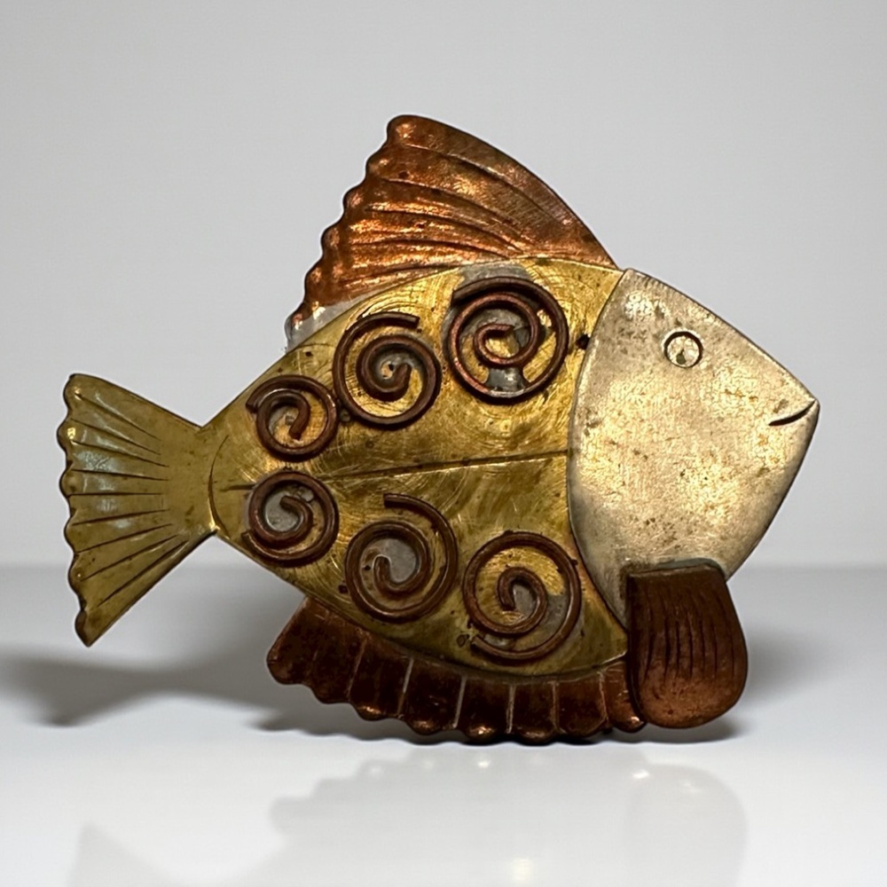 Vintage Bohemian Festival Coastal Metal Artistic Gold and Bronze Fish Brooch